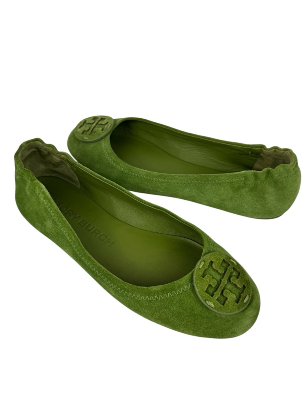 Tory Burch Minnie Travel Ballet Flats Green Suede Tonal Logo Size 7 Leather logo - Picture 2 of 15